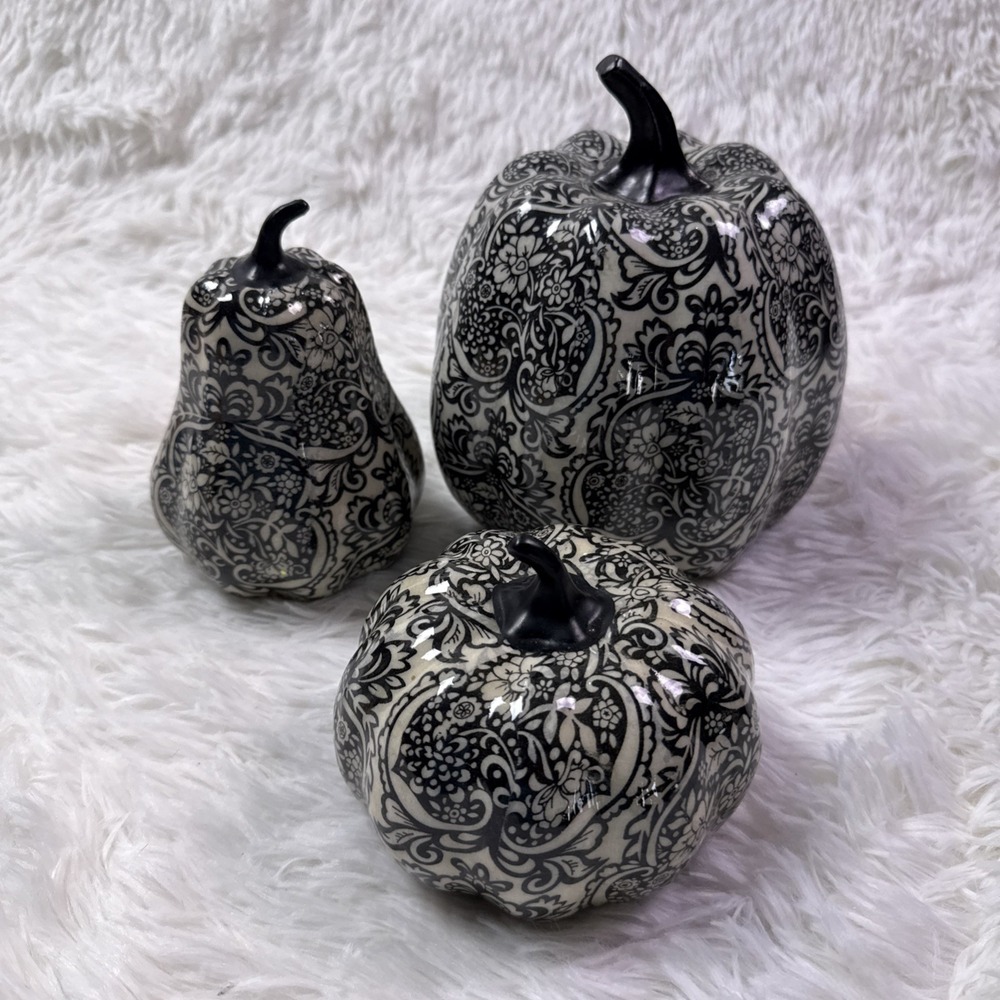 Hobby Lobby Black White Damask Pumpkin Farmhouse Decor Set 3 Fall Harvest 2011‎